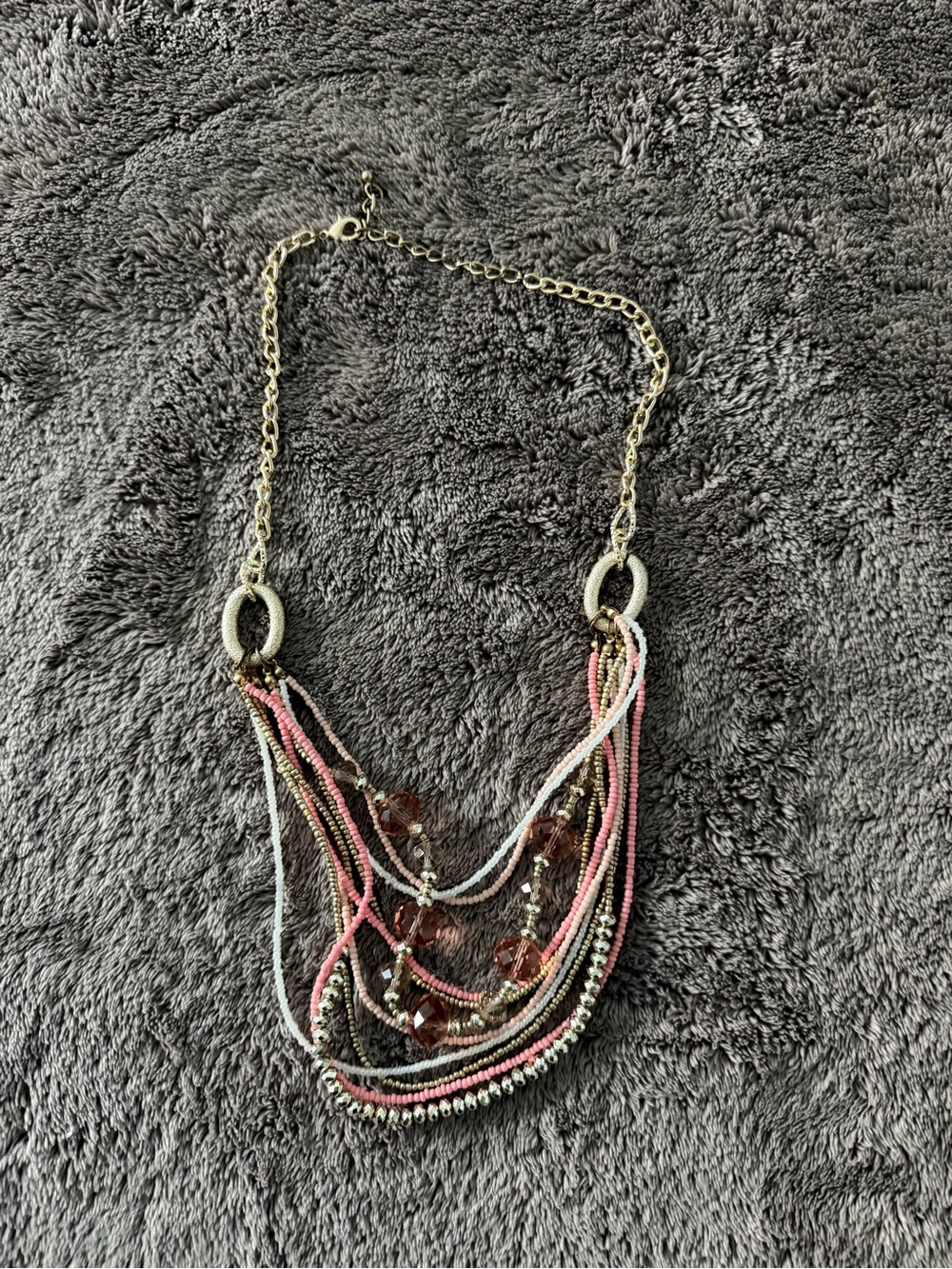 Multi-Strand Pink and Gold Beaded Statement Necklace